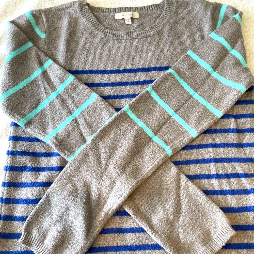 Heather Grey and blue striped sweater by 41 Hawthorne. Size S